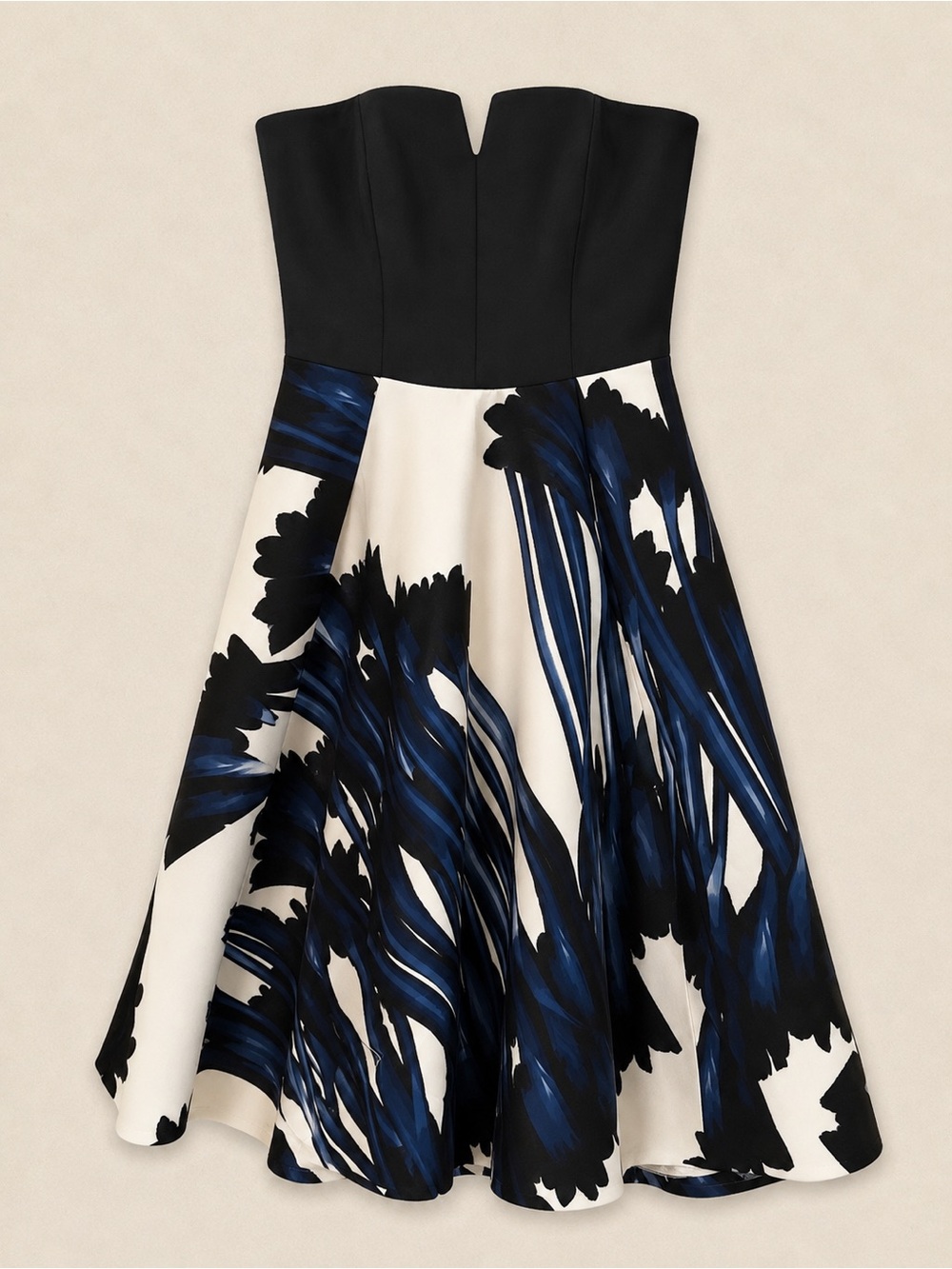 Strapless Black and Navy Floral Fit-and-Flare Dress
